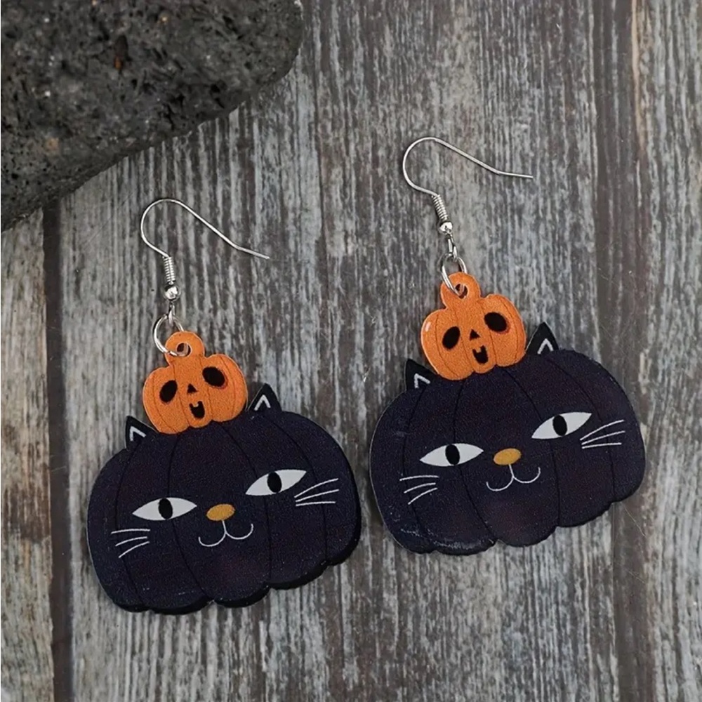 Halloween Pumpkin Black Cat Dangle Earrings - Picture 2 of 3